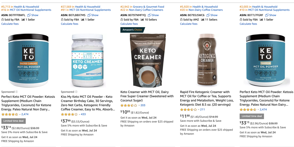 A line of products on an Amazon search page